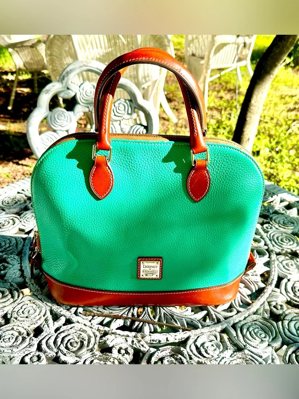 Dooney & Bourke Teal Leather Dome Satchel with Brown Trim